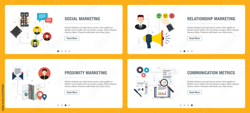 Internet banner set with marketing, communication, metrics and relationship icons.