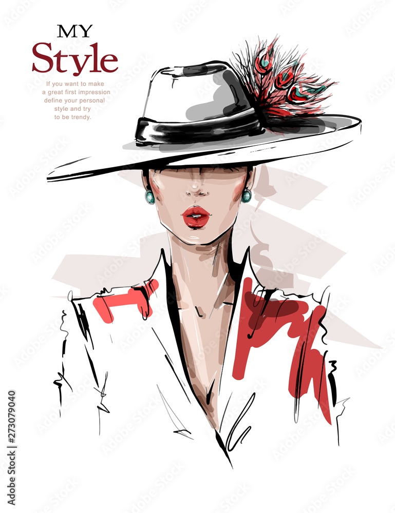 Hand drawn beautiful young woman in hat with feathers. Stylish elegant girl. Fashion woman look. Sketch. Vector illustration. - obrazy, fototapety, plakaty 