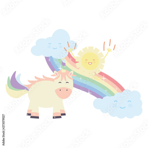 cute unicorn in rainbow with clouds and sun kawaii characters