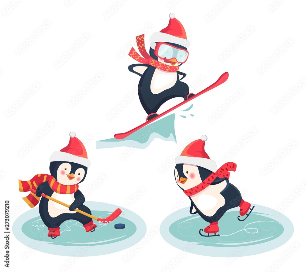 Fototapeta premium active penguins in winter concept