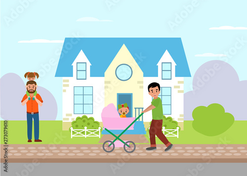 Single parent and fatherhood. Father walking with baby girl in pram and dad piggyback riding a daughter with cottage background isolated character vector. Child daily care.