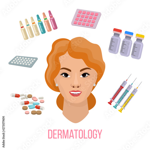 Vector Illustrated set with cosmetology micro needle mesotherapy and medical treatment for face skin. Infographics with icons of medical cosmetics of pills, syringes, bottles and woman face.