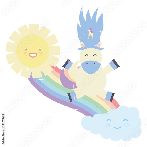 cute unicorn in rainbow with clouds and sun kawaii characters