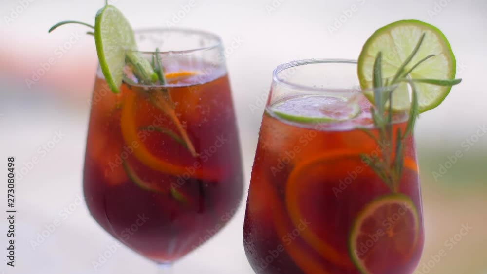 Time for a break. Refreshing Cocktail Sangria with Fruits and Ice Time for a break. Refreshing Cocktail Sangria with Fruits and Ice