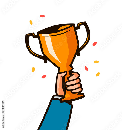 Gold cup in hands. Hand holding winner trophy award. Vector Illustration