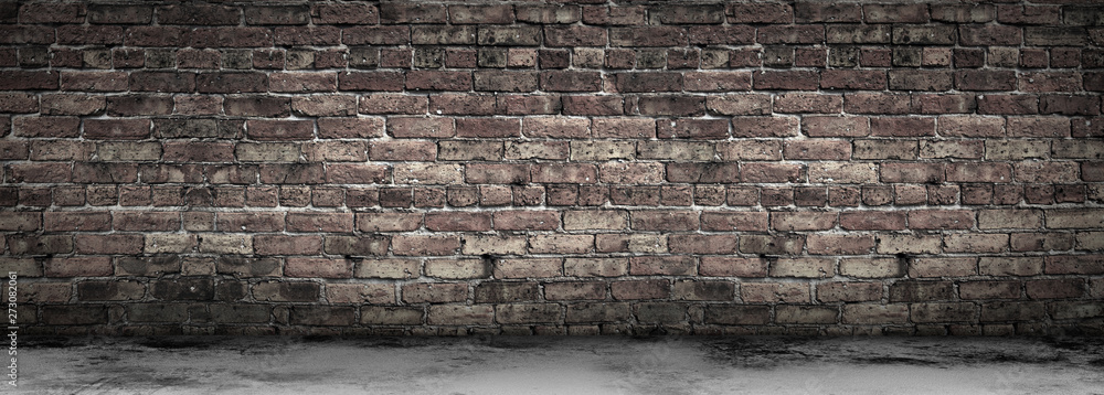 Large Grungy Blank Old Brick Wall And Concrete Floor Banner with Copy Space