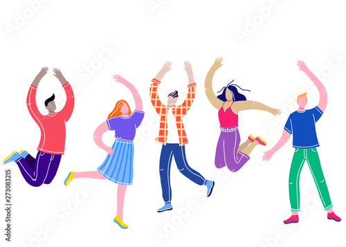 Happy young people jumping on a white background. The concept of freedom, happiness, motion and friendship. Vector illustration in cartoon style