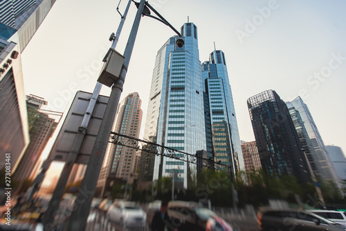 Beautiful wide-angle sunny aerial view of Beijing Central Business District, with Chinese World Trade Center, Guomao Area, with skyscrapers, Beijing, China