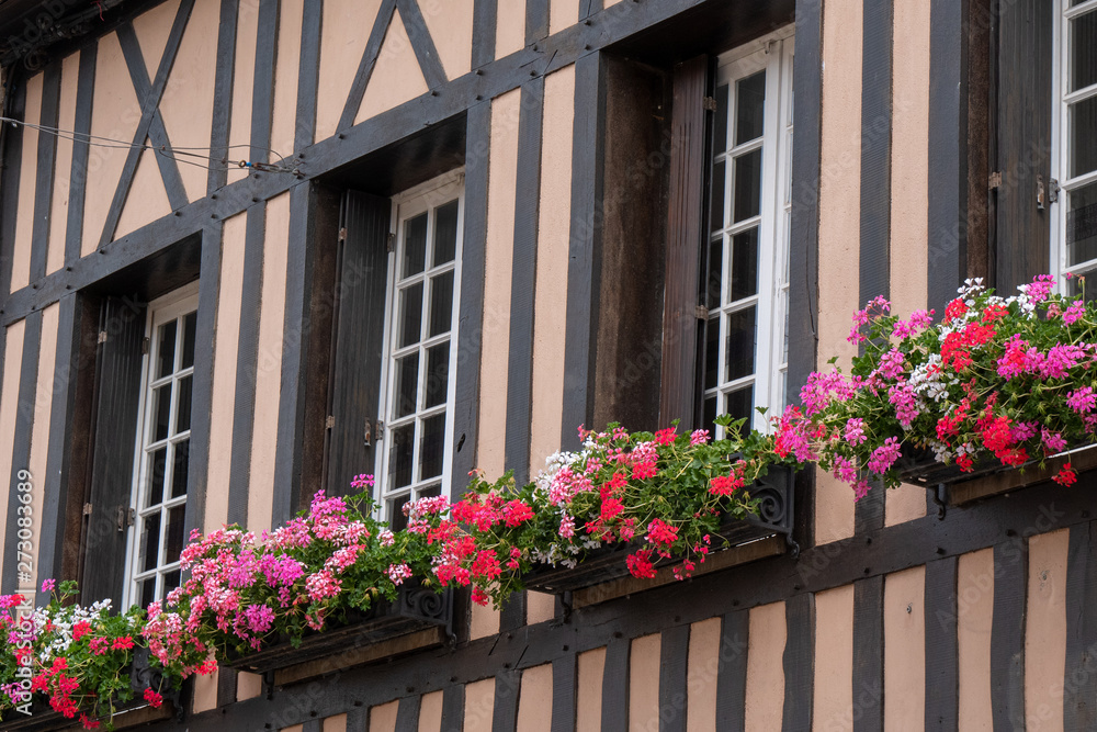 Typical house facade with flowers at Houlgate, Normandy, France