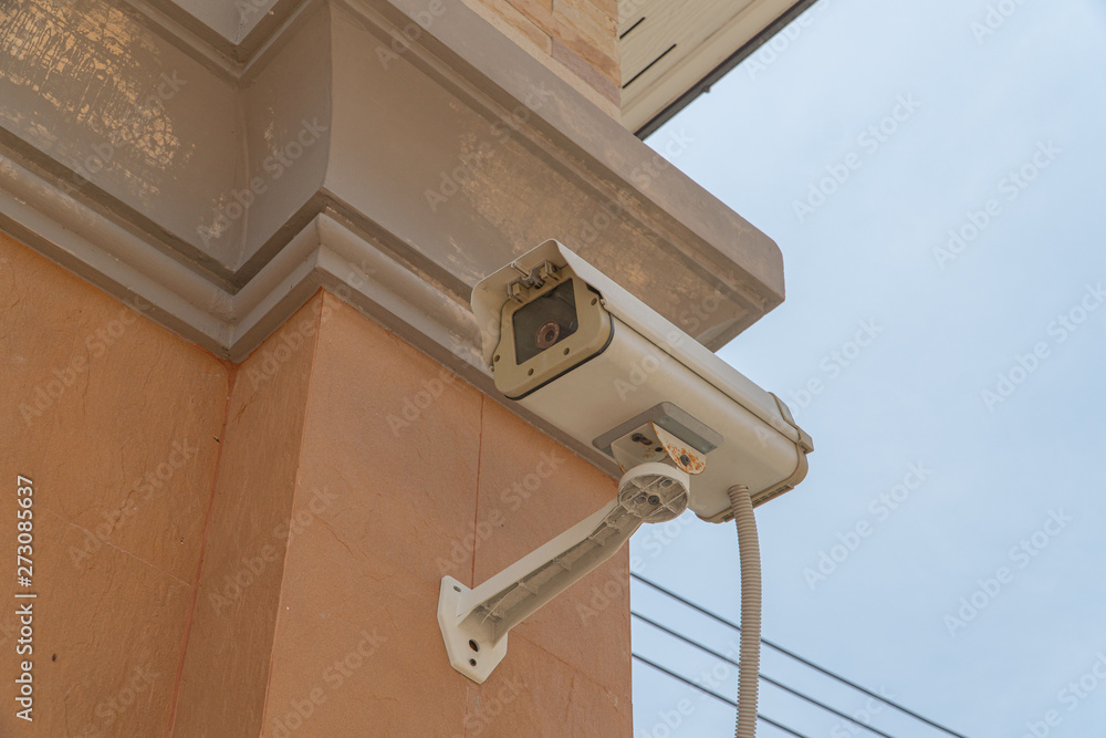 outdoor security cameras or outdoor surveillance cameras on a wall, video protection safety system guard outdoor security cameras or outdoor surveillance cameras on a wall, video protection safety system guard