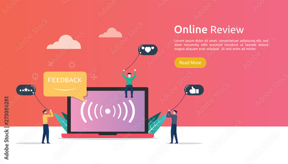 flat vector web page concept design with online review idea. tiny man give balloon feedback and rating to laptop screen. Thumb up, stars line icons. Landing page, mobile app, UI, UX, site