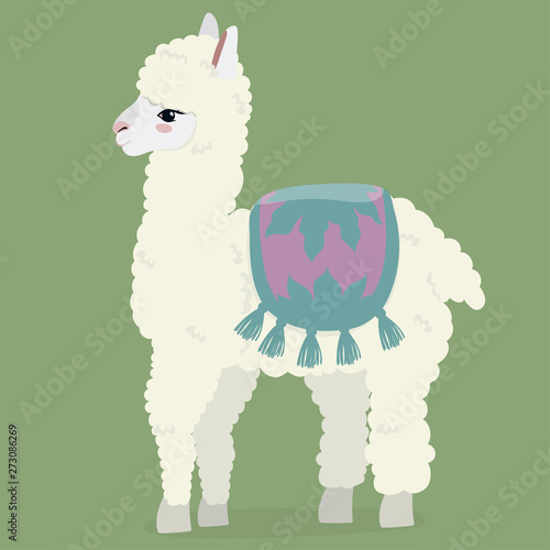 Cute white fluffy alpaca on a green background. Vector image.