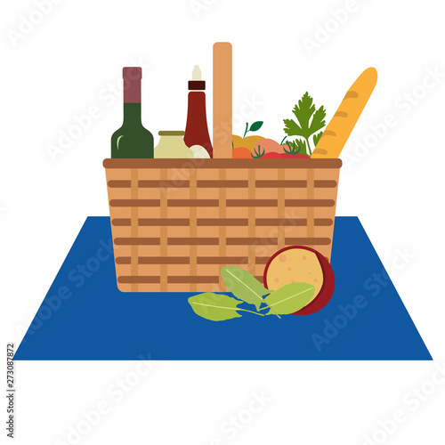 Vector. Wicker picnic basket, food, drink