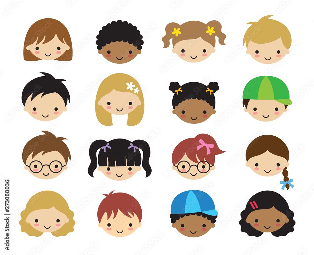 Vector illustration of kid faces. Faces of little kids including boys, girls, white, asians, and African American children. Vector illustration of kid faces. Faces of little kids including boys, girls, white, asians, and African American children.