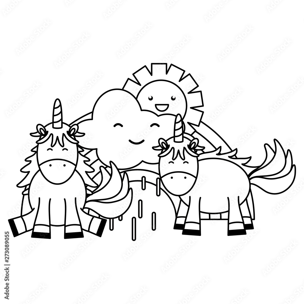 Fototapeta premium cute unicorns in rainbow with clouds and sun kawaii characters