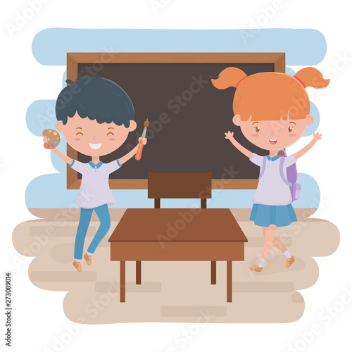 Boy girl kid and blackboard of school design