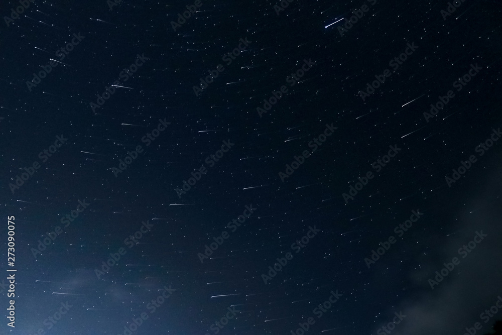 Fototapeta premium Long exposure photo of stars in the night sky. The earth rotates for closer stars in 30 second, and stays still for farther ones. Jupiter is at the top and is closest to us, so creates a bolder trail