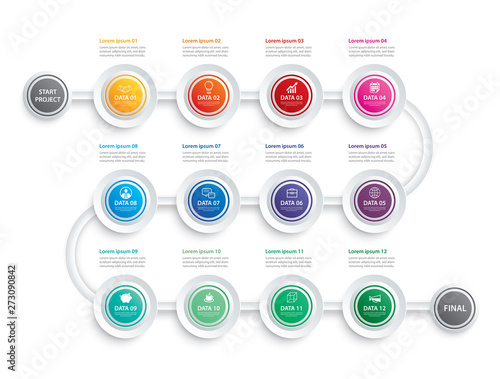 Infographic timeline 1 year or 12 month data template business concept arrows.Vector can be used for workflow layout, diagram, number step up options, web design