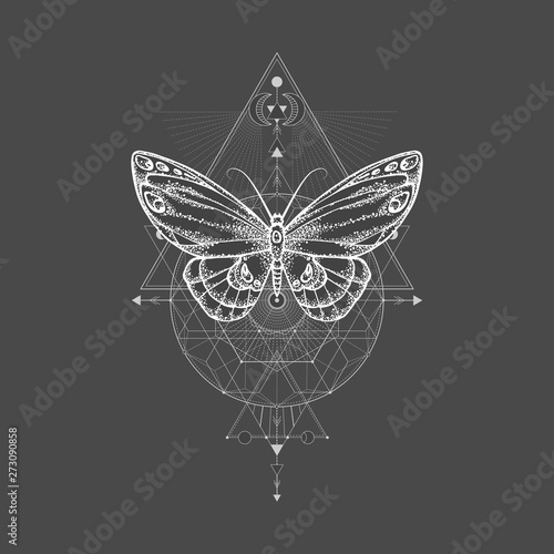 Vector illustration with hand drawn butterfly and Sacred geometric symbol on black background. Abstract mystic sign.