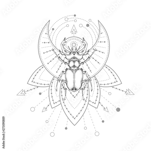 Vector illustration with hand drawn stag beetle and Sacred geometric symbol on white background. Abstract mystic sign.