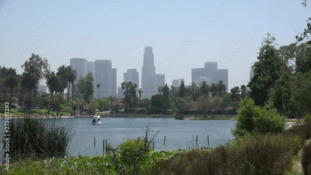 Los Angeles skyline seen from the lake at Echo Park Los Angeles skyline seen from the lake at Echo Park