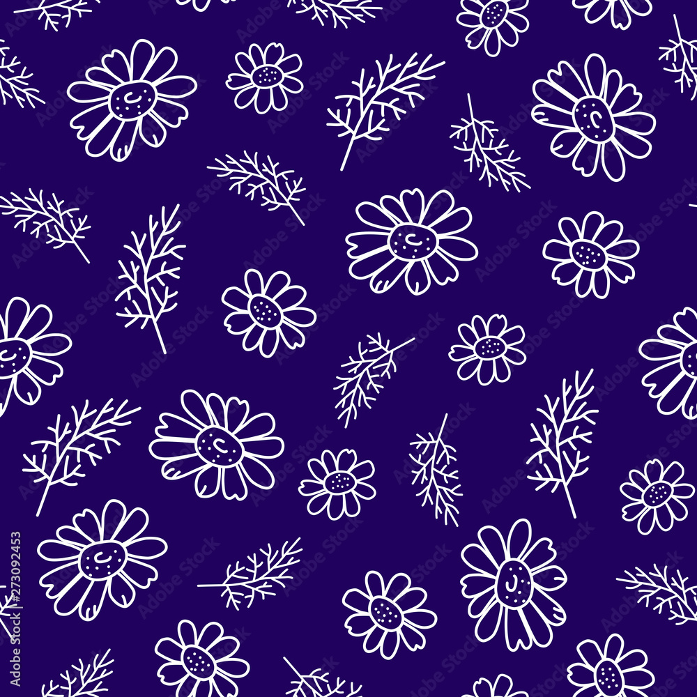 Beautiful seamless pattern of daisies and leaves on blue background Beautiful seamless pattern of daisies and leaves on blue background