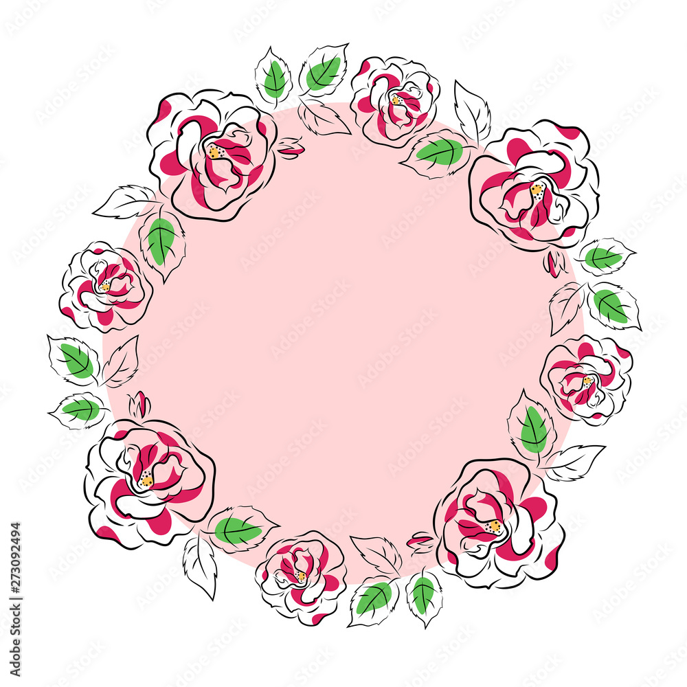 Beautiful floral wreath of red roses and green leaves on pink background