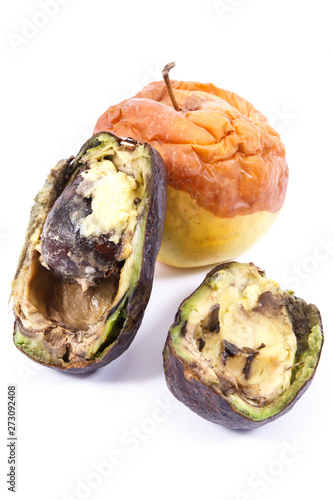 Old apple and avocado with mold on white background, unhealthy and disgusting food