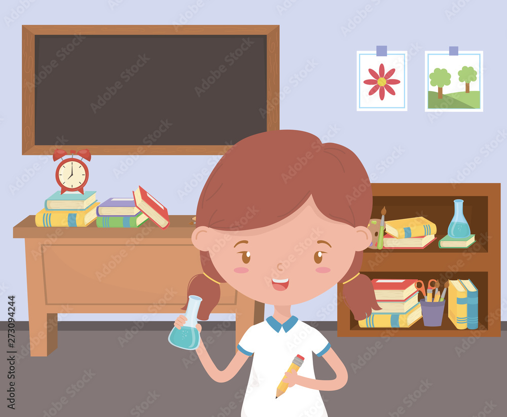Girl kid of school in classroom design Girl kid of school in classroom design