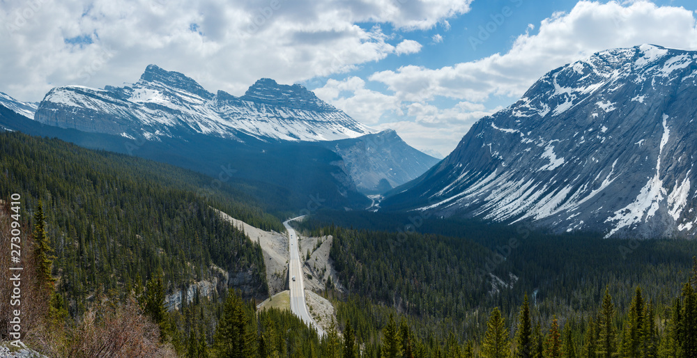 Icefield Parkway road and mountains panorama image