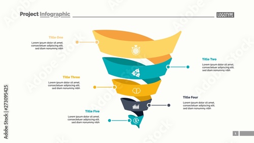 Five spiral turns process chart slide template. Business data. Step, point, design. Creative concept for infographic, presentation, report. For topics like management, marketing, recruitment.