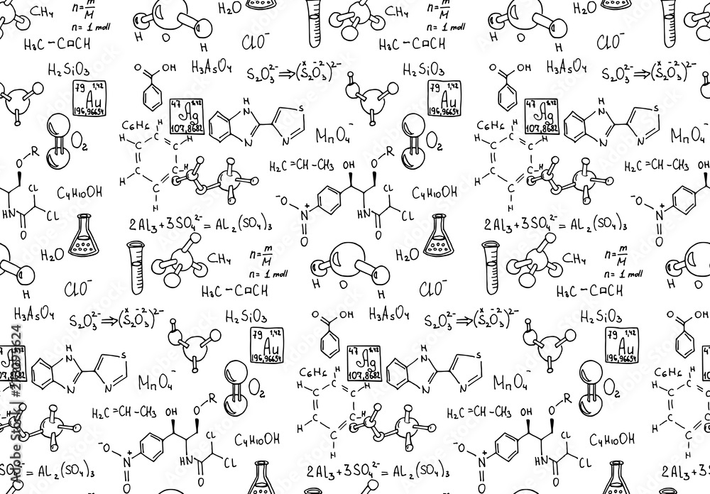 Chemical formula and outlines on whiteboard. Vector seamless pattern. Scientific  and education background. 