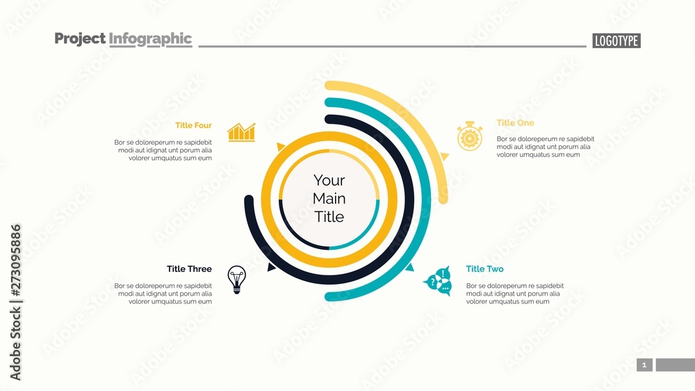 Four options doughnut chart slide template. Business data. Arc, diagram ...