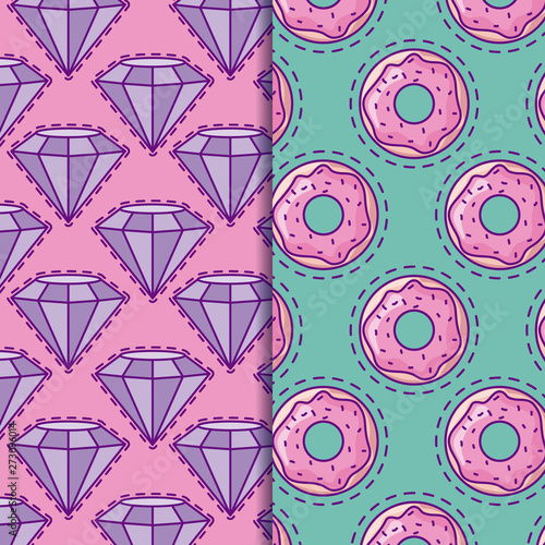 pattern of patches with precious diamonds and donuts
