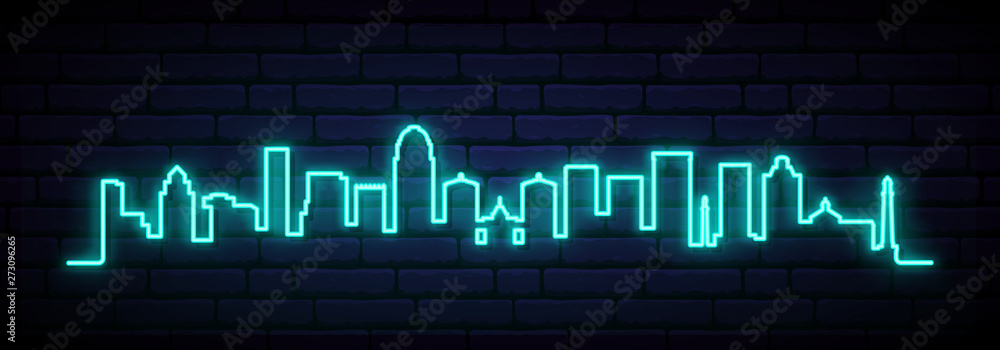 Blue neon skyline of Louisville city. Bright Louisville long banner. Vector illustration.