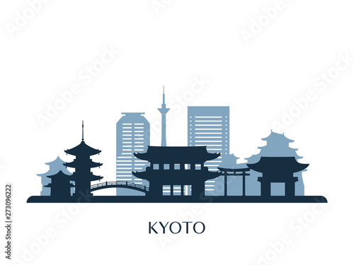 Kyoto skyline, monochrome silhouette. Vector illustration.