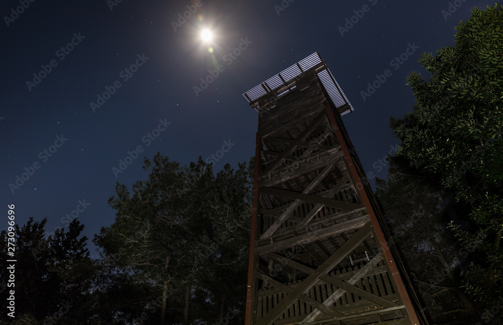View  at night on an abandoned guard tower standing in the forest of Hanita on the border with Lebanon since the War of Independence of Israel