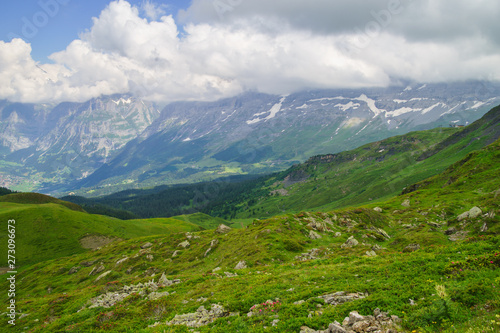 Alpine peaks landskape background. Jungfrau, Bernese highland. Alps, tourism, journey and hiking.