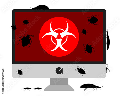 Bugs crawling on a virus infected computer screen.