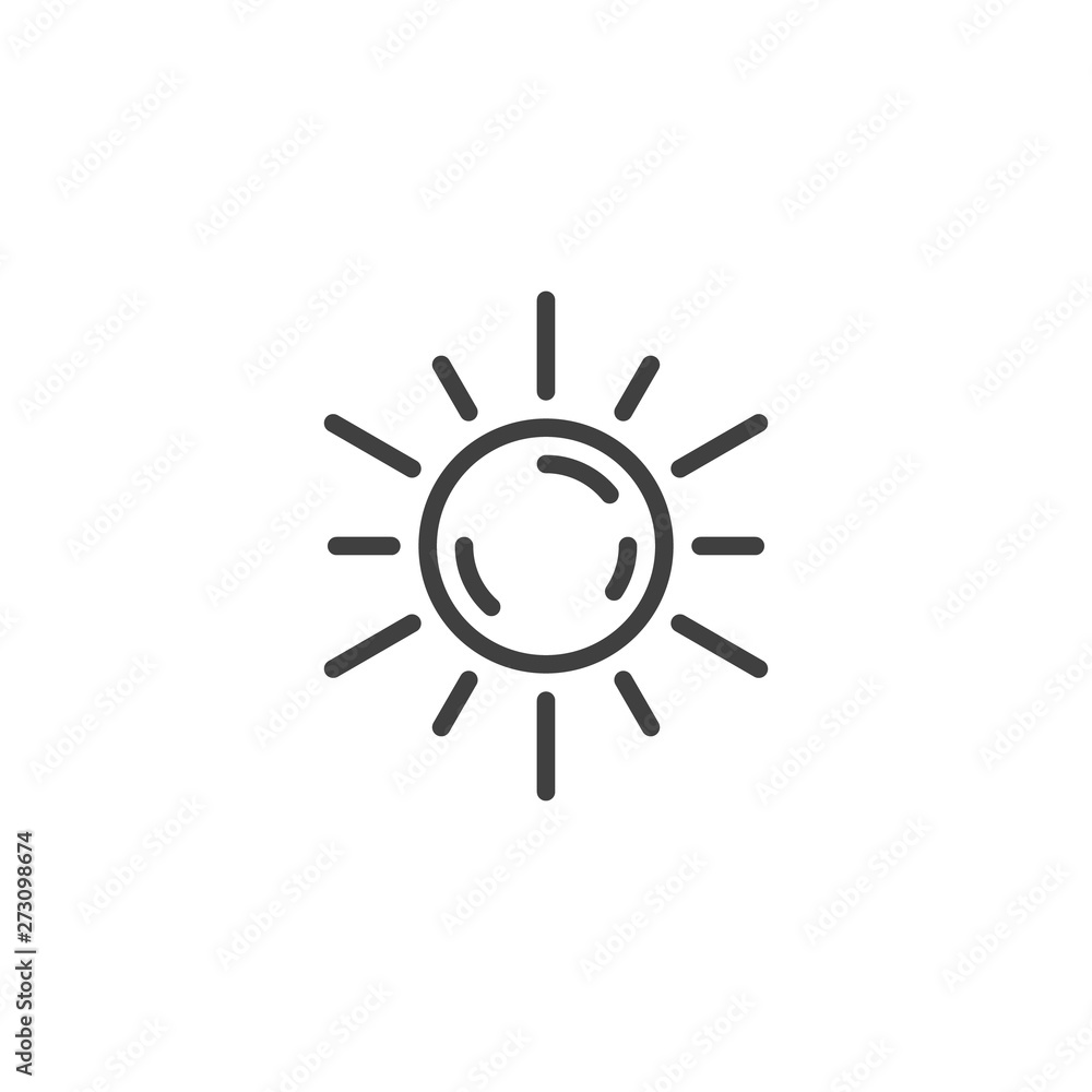 Sun shining line icon. linear style sign for mobile concept and web design. Sunny hot weather outline vector icon. Summer symbol, logo illustration. Vector graphics