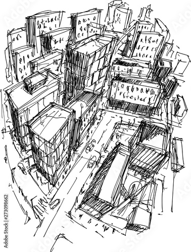 hand drawn architectural sketch of a modern city with high buildings and people in the streets