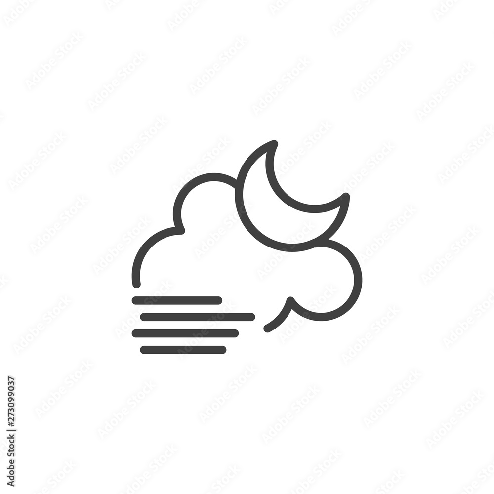 Naklejka premium Cloud with moon and fog line icon. linear style sign for mobile concept and web design. Foggy night weather outline vector icon. Symbol, logo illustration. Vector graphics