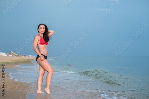 slim brunette in a bikini stands on a sandy beach near the surf