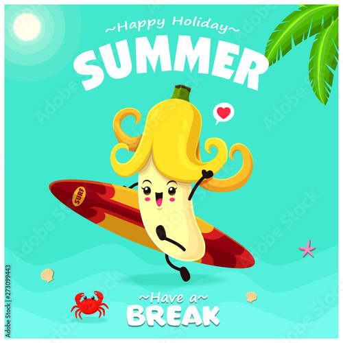 Vintage summer poster design with vector banana & surfboard character. 