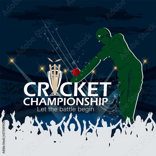 creative illustration of Cricket championship banner with Pakistan's player hitting the ball on stadium background. - Vector