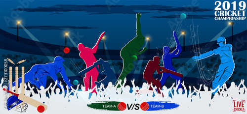 creative illustration of Cricket championship banner with players hitting the ball on stadium background. - Vector