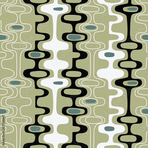 Seamless abstract mid century modern pattern for backgrounds, fabric design, wrapping paper, scrapbooks and covers. Retro design of organic oval shapes and stripes. Vector illustration.