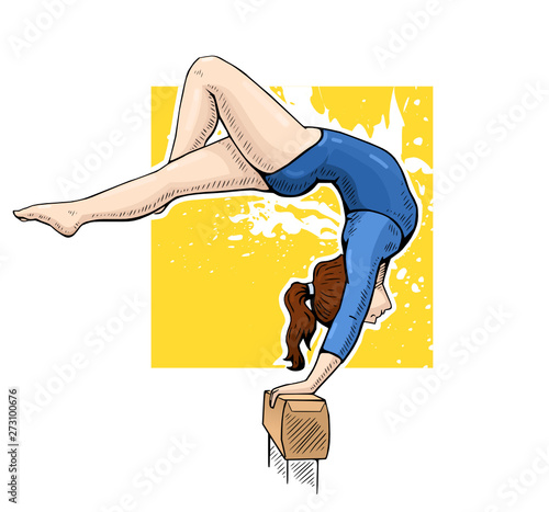 Vector illustration of a female gymnast on balance beam. Bright and colorful sport themed poster. Women's gymnastics.