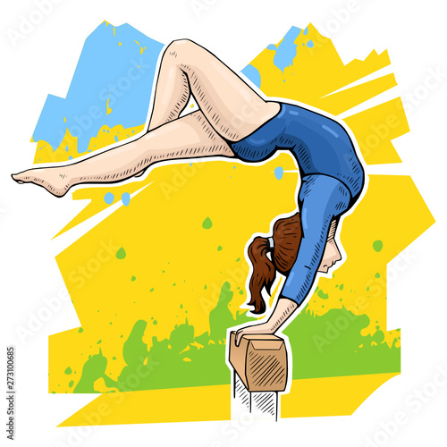 Vector illustration of a female gymnast on balance beam. Bright and colorful sport themed poster. Women's gymnastics.