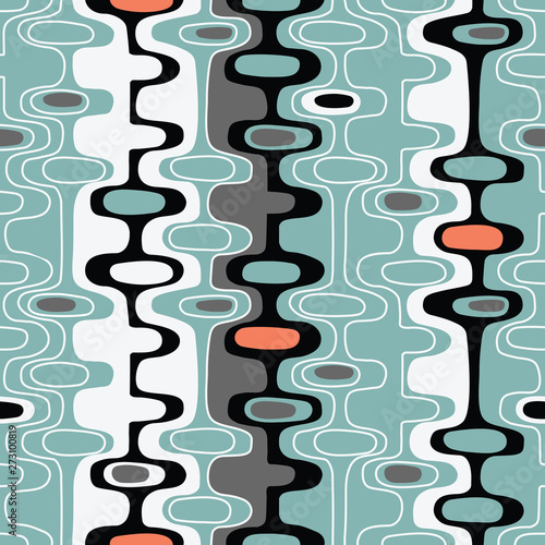 Seamless abstract mid century modern pattern for backgrounds, fabric design, wrapping paper, scrapbooks and covers. Retro design of organic oval shapes and stripes. Vector illustration.